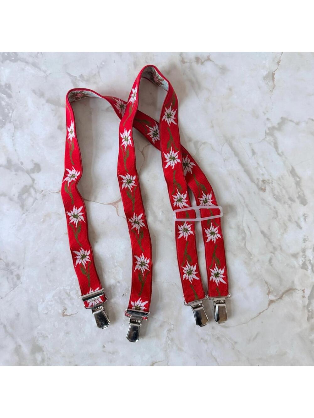 Vintage Kids Red Edelweiss Floral Suspenders Adjustable Clip On Alpine Style